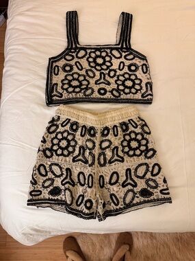 Crochet Black & Cream Tank & Shorts Set NWOT
